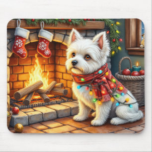 Bichon Frise Fireplace with Christmas Lights Mouse Pad