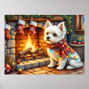 Bichon Frise Fireplace with Christmas Lights Poster