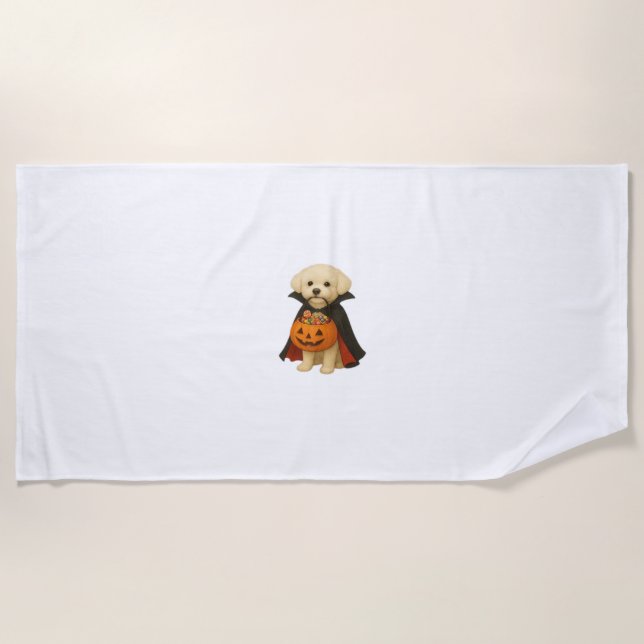 Bichon Frisé Halloween Vampire Pup with Pumpkin Ba Beach Towel (Front)