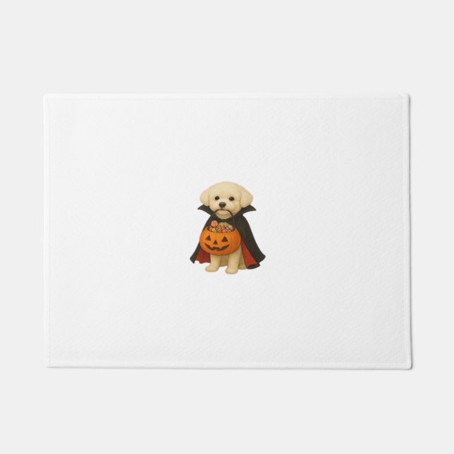 Bichon Frisé Halloween Vampire Pup with Pumpkin Ba Doormat (Front)
