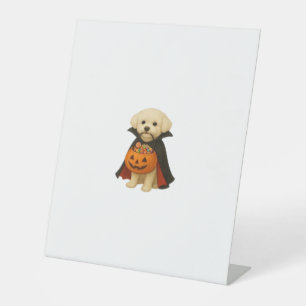 Bichon Frisé Halloween Vampire Pup with Pumpkin Ba Pedestal Sign