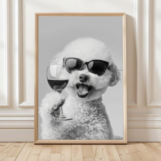 Bichon Frise Holding Wine Wall Art, Black and Whit Poster