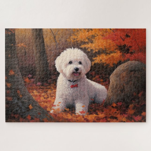 Bichon Frise in Autumn Leaves Fall Inspire  Jigsaw Puzzle (Horizontal)