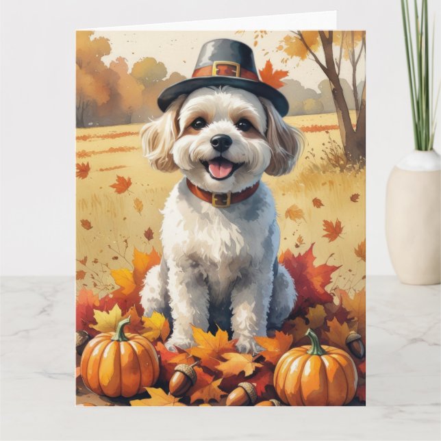 Bichon Frise In Autumn Leaves Thanksgiving Art  Card (Front)
