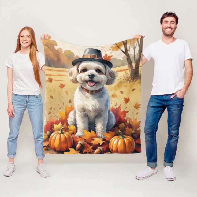 Bichon Frise In Autumn Leaves Thanksgiving Art  Fleece Blanket (In Situ)