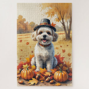 Bichon Frise In Autumn Leaves Thanksgiving Art  Jigsaw Puzzle