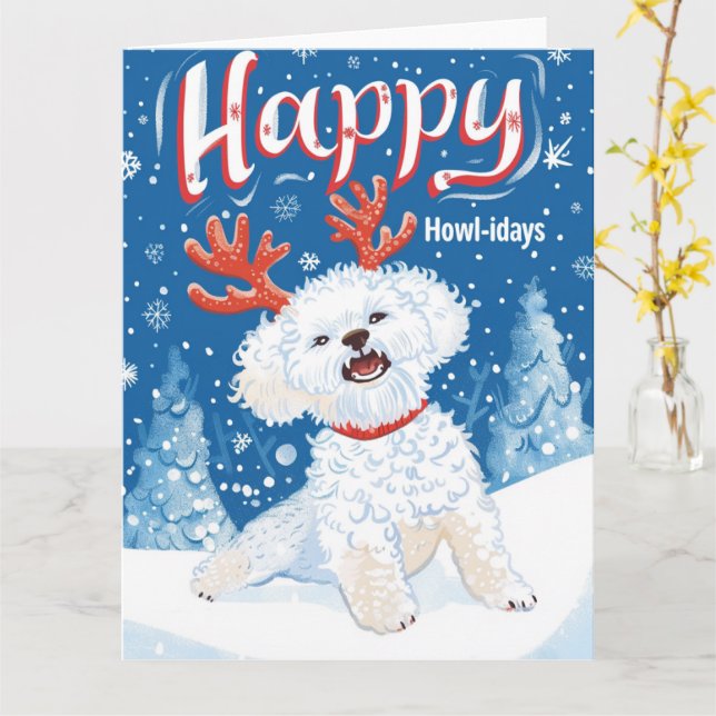 Bichon Frise in Snow Christmas Card (Yellow Flower)