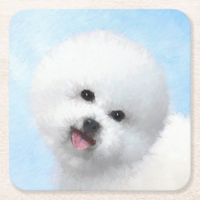 Bichon Frise Painting - Cute Original Dog Art Square Paper Coaster (Front)