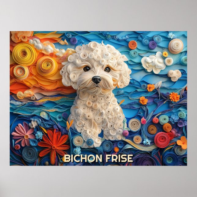 Bichon Frise Paper Quilling Art Dog Portrait Poster (Front)