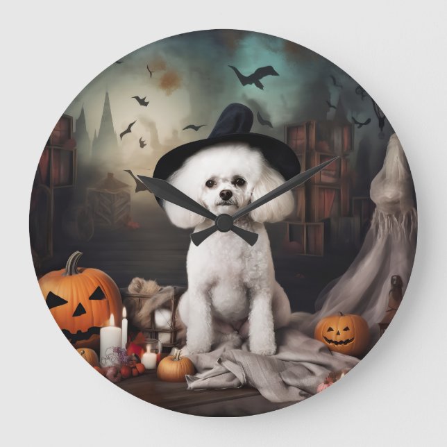 Bichon Frise Pumpkins Halloween Scary Large Clock (Front)