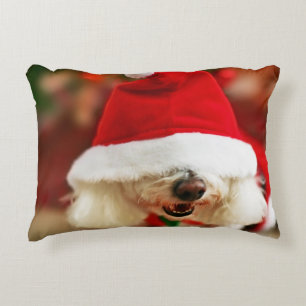 Bichon Frise puppy wearing Santa costume Decorative Cushion