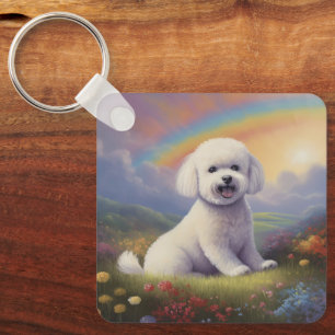 Bichon Frise Rainbow Memorial Custom Dog Name Key Ring