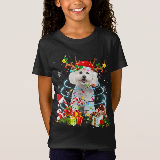 Bichon Frise Reindeer Christmas Tree Lights Pajama T-Shirt (Front)
