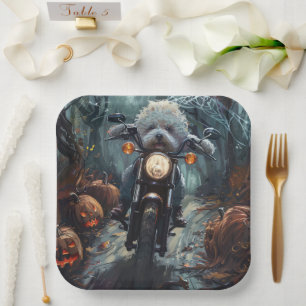 Bichon Frise Riding Motorcycle Halloween Scary Paper Plate
