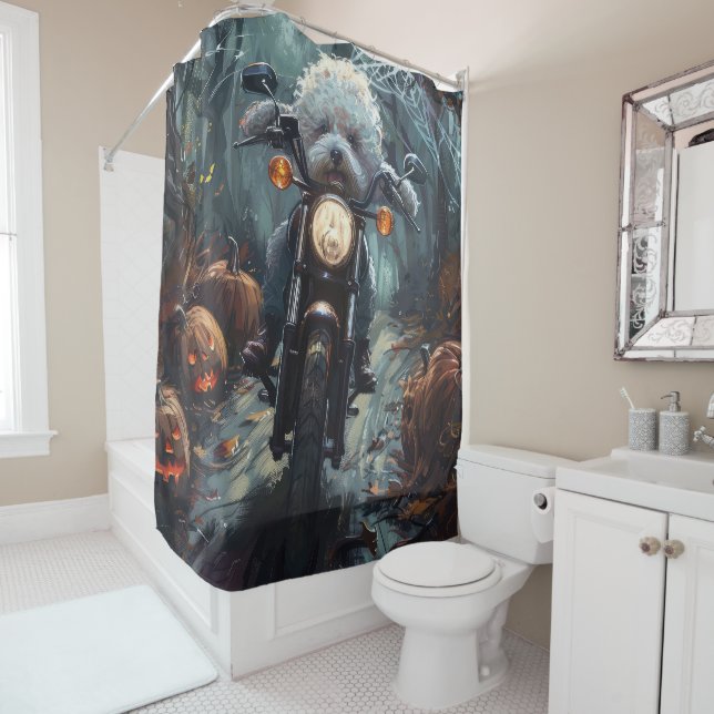 Bichon Frise Riding Motorcycle Halloween Scary Shower Curtain (In Situ)