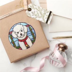 Bichon Frise Stained Glass Christmas Classic Round Sticker
