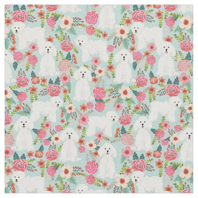 Bichon Frise vintage florals light blue Fabric (Close Up)