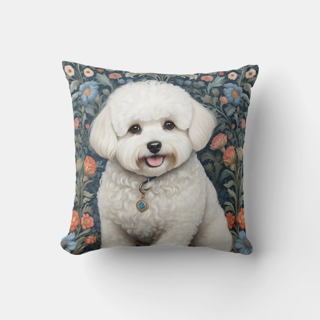 Bichon Frisé William Morris Inspired Floral Cushion (Front)