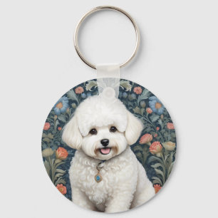 Bichon Frisé William Morris Inspired Floral Key Ring