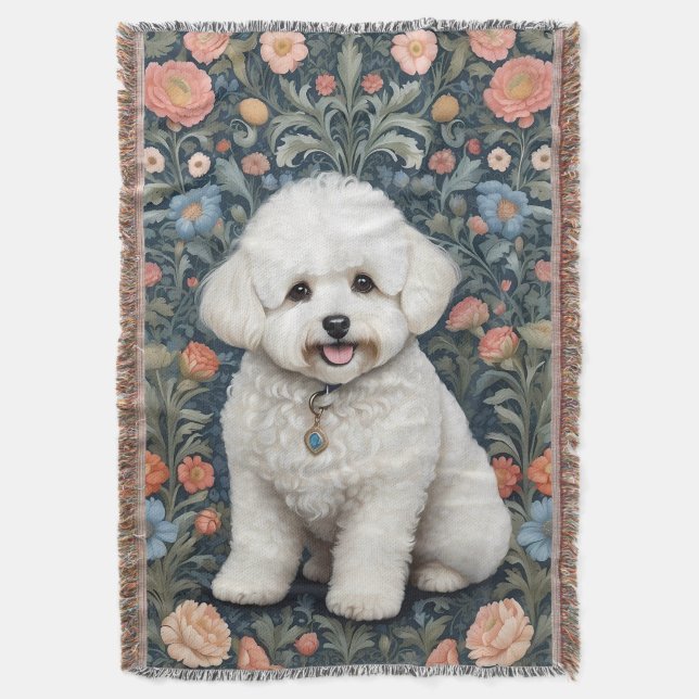 Bichon Frisé William Morris Inspired Floral Throw Blanket (Front Vertical)