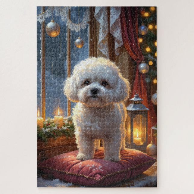 Bichon Frise With Christmas Lights Holiday Jigsaw Puzzle (Vertical)