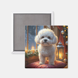 Bichon Frise With Christmas Lights Holiday Magnet