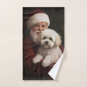 Bichon Frise with Santa Claus Festive Christmas Bath Towel Set