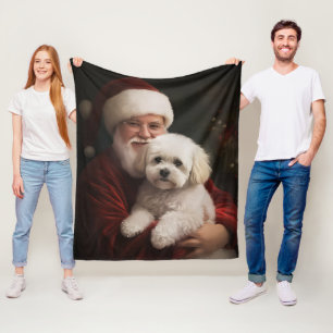 Bichon Frise with Santa Claus Festive Christmas  Fleece Blanket
