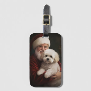 Bichon Frise with Santa Claus Festive Christmas Luggage Tag