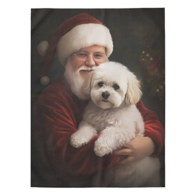 Bichon Frise with Santa Claus Festive Christmas  Tablecloth (Front)