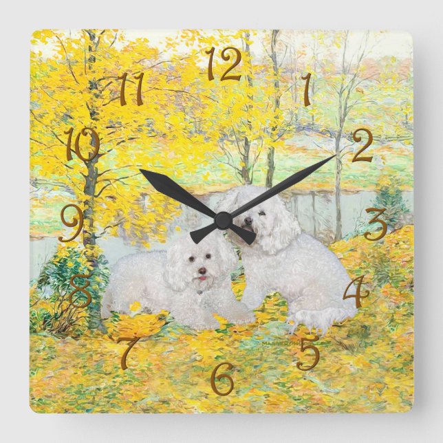 Bichon Frise Yellow Wood Square Wall Clock (Front)