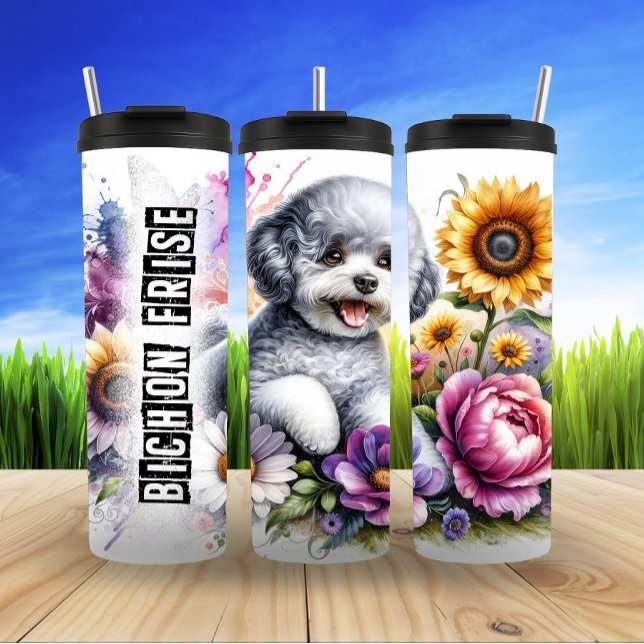Bichon Frise's Colourful Floral Delight Thermal Tumbler (Creator Uploaded)