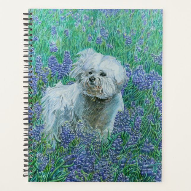 Bichon in Bluebonnets Greeting Card Planner (Front)