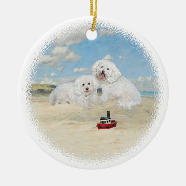 Bichons at the Beach Ceramic Tree Decoration (Front)