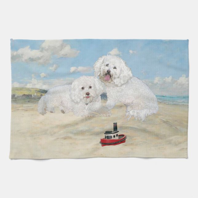 Bichons at the Beach Tea Towel (Horizontal)