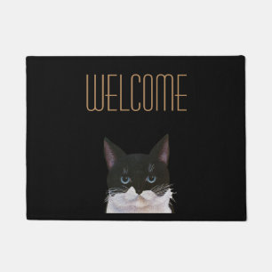 Bicolor, black and white welcome cat doormat