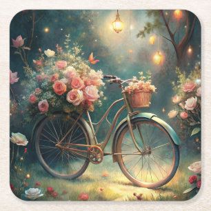 Bicycle and Flowers Square Paper Coaster