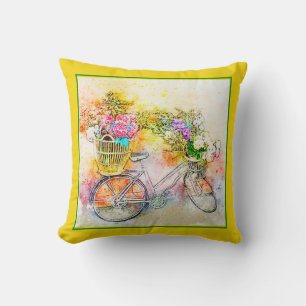 Bicycle and flowers throw pillow
