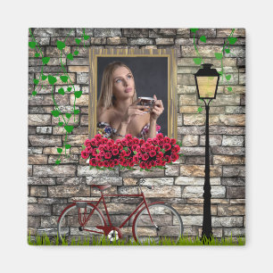 Bicycle and window with flowers personalised photo magnet
