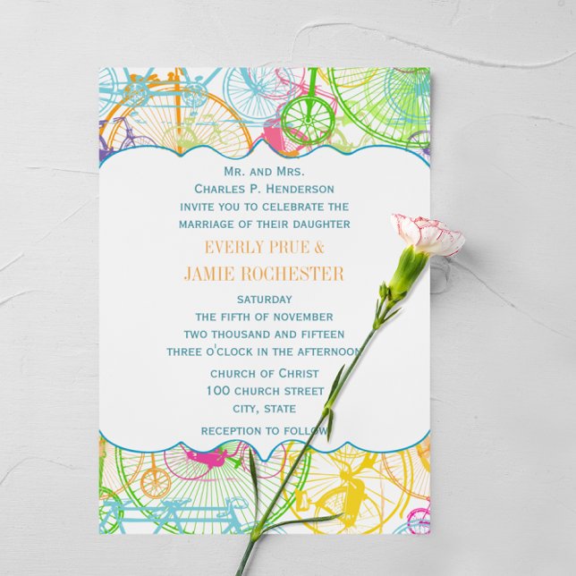 Bicycle Bright Colors Stylized Vintage Wedding Invitation (Creator Uploaded)