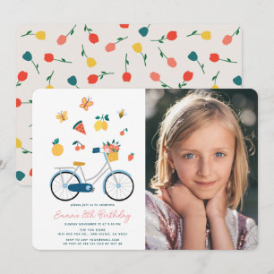 Bicycle Butterflies Fruits Photo Girl Birthday Invitation