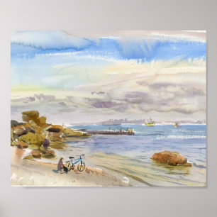 Bicycle by a Quiet Shellstone Beach Watercolor Poster