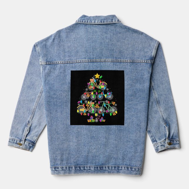 Bicycle Christmas Tree Funny Biker Bicyclist Denim Jacket (Back)