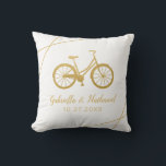 Bicycle Cyclist Wedding Gift Cushion<br><div class="desc">A retro beach cruiser bicycle in gold,  with personalised wedding names and date. Fonts can be edited,  and the background colours on the front and back can be changed individually by clicking 'customise further' and using the background colour picker.</div>