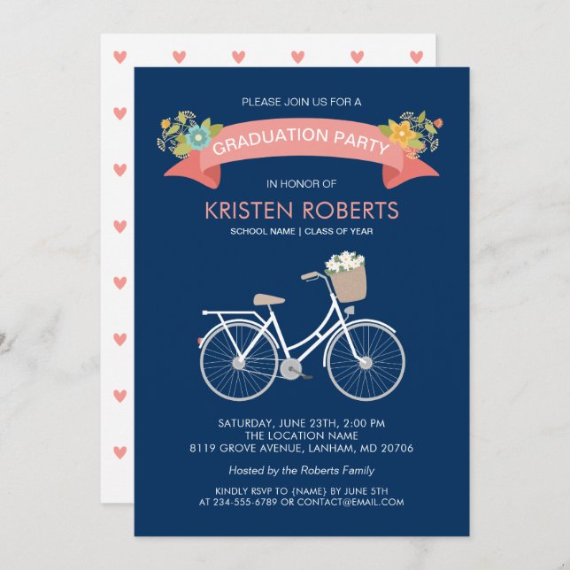 Bicycle Floral Navy Blue Girly Graduation Party Invitation (Front/Back)