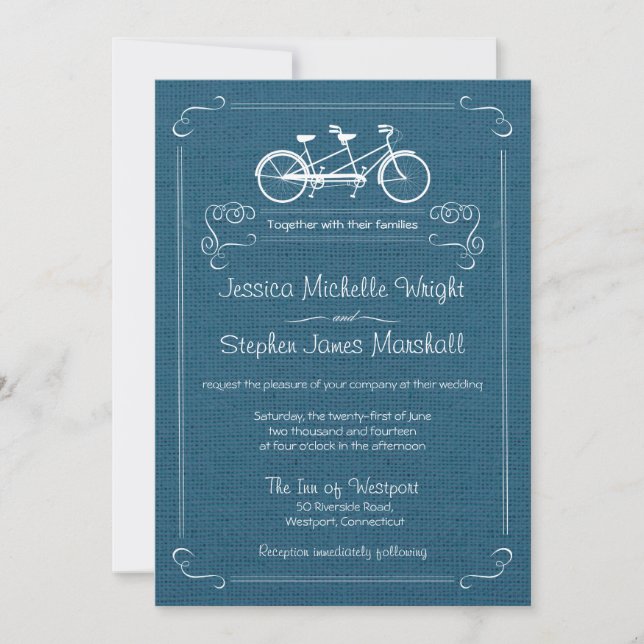 Bicycle for Two Blue Burlap Wedding Invitations (Front)