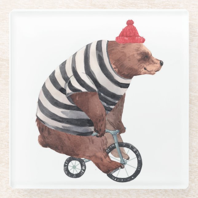 Bicycle Fun Bear Glass Coaster (Front)