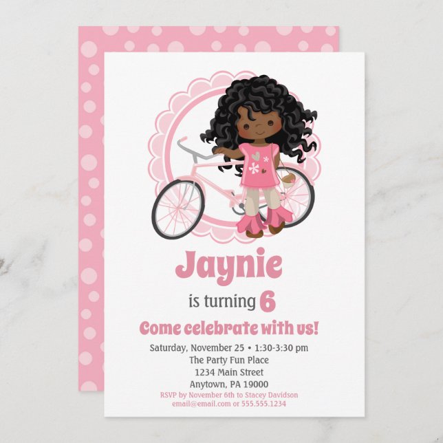 Bicycle Girl Birthday Invitation African American (Front/Back)