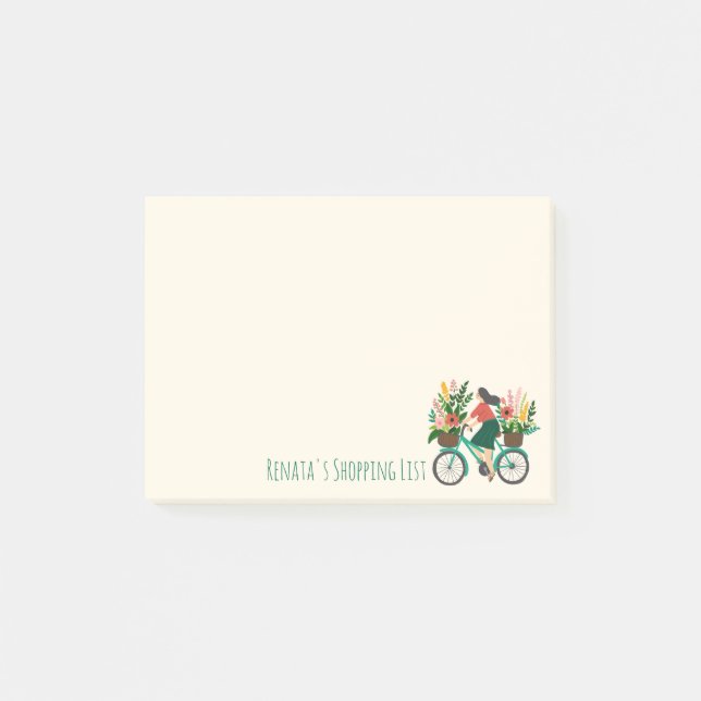 Bicycle Girl Flowers Grocery Shopping List Post-it Notes (Front)