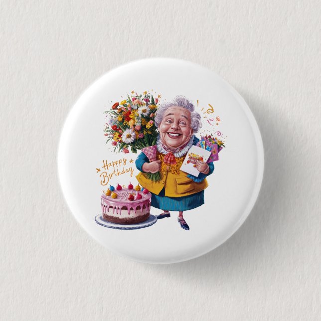 Bicycle Granny with Cake & Balloons 3 Cm Round Badge (Front)